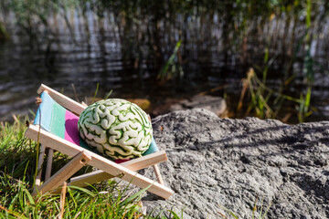 Brain on a sun bed in nature area. Positive effect of fresh air and sun on mind. Taking break from...
