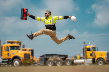 Hispanic 40 s builder excited jump on site construction. Excited builder construction worker in a...