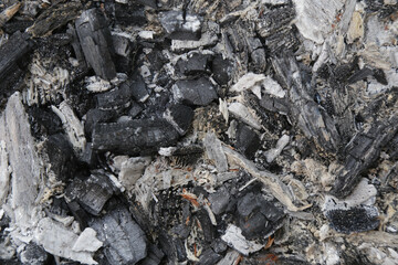 Ashes texture background. Burnt wood ash background in after barbecue, close up