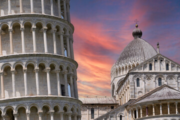 Fototapeta premium Leaning Tower of Pisa with Duomo in sunset