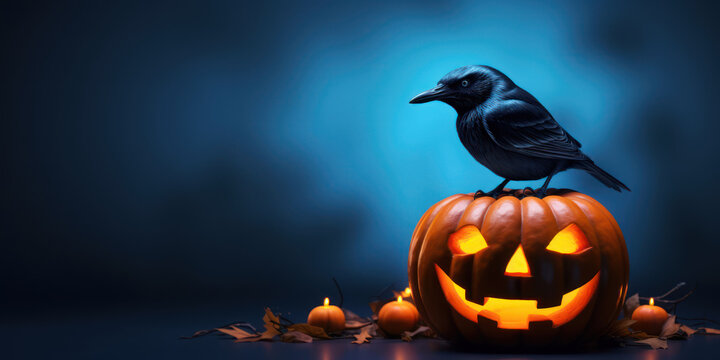 Orange halloween pumpking with a crow perched on top on dark blue background