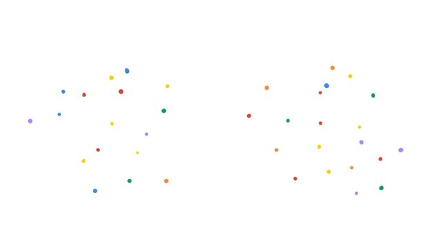 4k small animated colorful little dots. Splashes on transparent background. Colour: yellow orange green purple blue red. Cartoon childish design style. Seamless loop simple circles pattern. Confetti