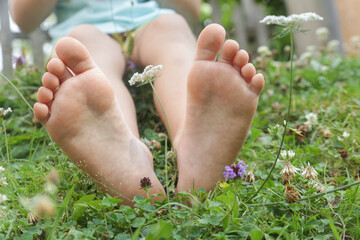 Child feet on green grass, barefoot little girl on meadow, countryside lifestyle, concept of...