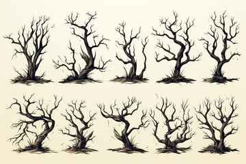 Collection halloween of different dead tree set on white background , Created with Generative Ai Technology