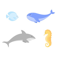  Set of cartoon sea animals. Whale, shark, fish, seahorse. Vector illustration.