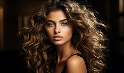 Naklejka premium Elegant Woman with Sophisticated Makeup and Long Curly Hair