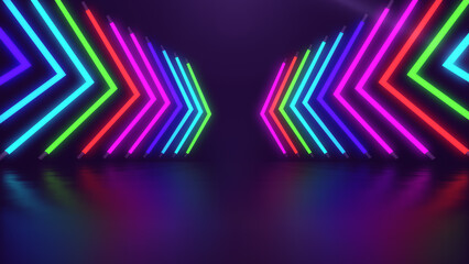 Colorful neon lights arrows stage abstract background. 