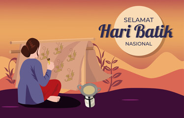 vector illustration of a Javanese woman painting traditional batik, Happy National Batik indonesia's day Suitable for greeting card, poster and banner