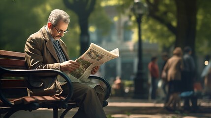 old man sitting on park bench, read newspaper