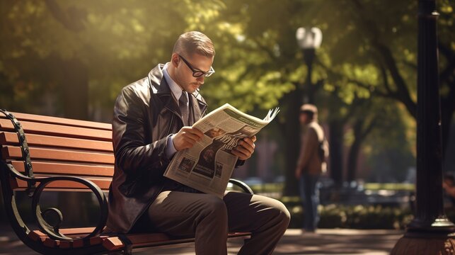 man sitting on park bench, read newspaper