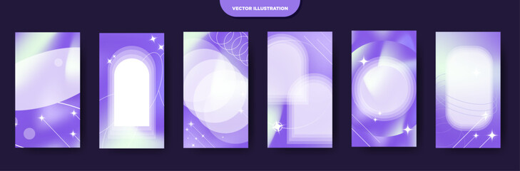 Set of Blue Purple Holographic Vertical Poster designs with white shapes for copy space. Graphic Templates for Social media story, posts, cards, posters, banners. Editable Vector Illustration. 