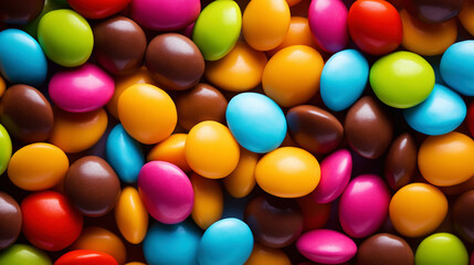 Fototapeta premium Close up of a pile of colorful chocolate coated candies. Candy background. Generative AI