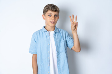 Beautiful kid boy wearing  casual clothes showing and pointing up with fingers number three while smiling confident and happy.