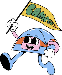 Groovy camping tent character with flag illustration