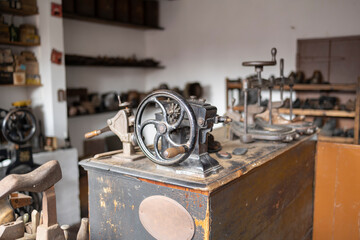 Dudley, west midlands united kingdom 15 November 2021 vintage shoemakers shop, with old fashioned equipment, selective focus