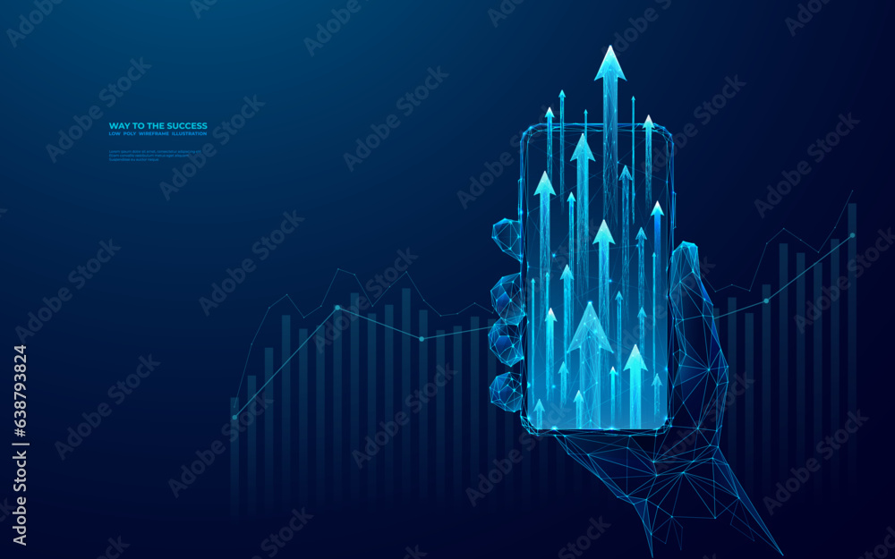 Aufkleber Abstract growing arrow up on smartphone screen. Human person holding a phone with hologram of boosting arrows or graph chart. Acceleration of digital and Internet processes. Low poly wireframe vector