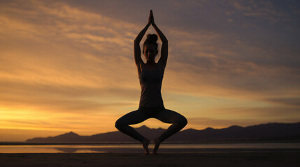 Woman making Yoga pose on sunset. Silouhette. Generative AI. 