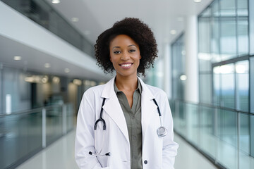 A smiling afro female doctor in a white coat with a stethoscope standing on a blurred background of a large hospital hall
