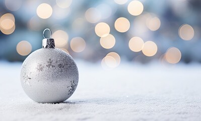 Christmas ball on snow. Grey, silver xmas bauble with bokeh background card, banner. Festive, shiny ornament for seasonal greetings.