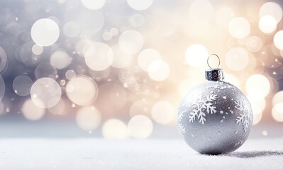 Fototapeta na wymiar Christmas ball on snow. Grey, silver xmas bauble with bokeh background card, banner. Festive, shiny ornament for seasonal greetings.