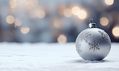 Christmas ball on snow. Grey, silver xmas bauble with bokeh background card, banner. Festive, shiny ornament for seasonal greetings.