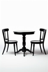 Black table and two chairs sitting next to each other on white background.