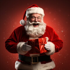 Portrait of Santa Claus, holding a gift .white beard and is wearing a red hat and is wearing a red suit with white fur on red background. Santa Claus is looking directly at the camera. Generative ai