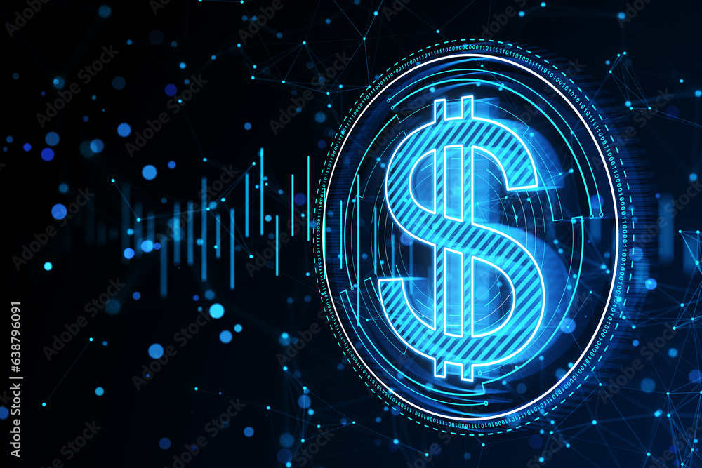 Poster creative round dollar coin and polygonal mesh hologram on dark background. digital money and finance