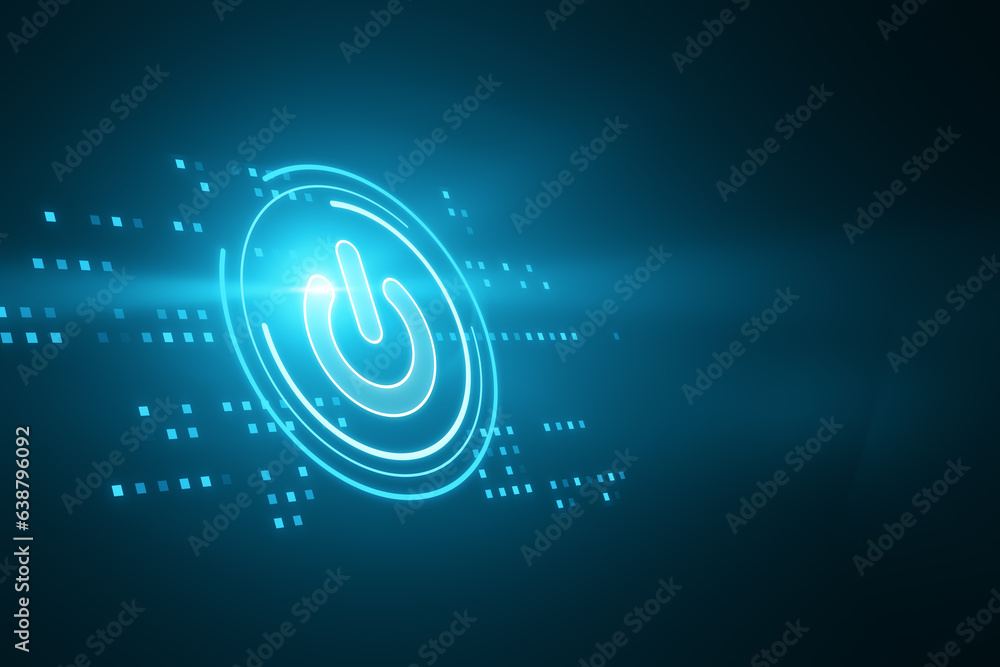 Aufkleber Glowing digital power button on blue background. Computer and technology concept. 3D Rendering.