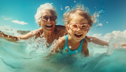 Grandmother spending happy time at sea with her granddaughter