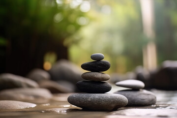Obraz na płótnie Canvas Balancing pebble stones background. Calm mediation and relaxation in Zen garden. Generative Ai.