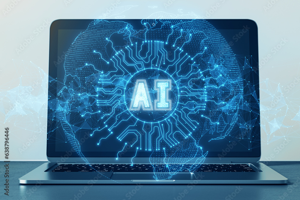 Poster close up of laptop with glowing digital polygonal ai and globe hologram on blurry background. artifi