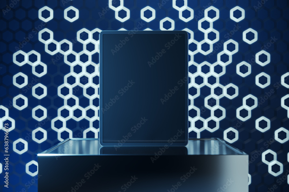 Aufkleber Empty tablet screen on pedestal with mock up place and blue hexagonal background. Creative presentation concept. 3D Rendering.