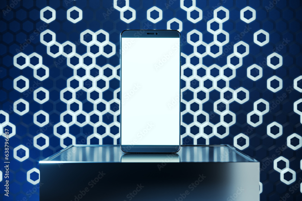 Poster Empty white cellphone screen on pedestal with mock up place and blue hexagonal background. Creative presentation concept. 3D Rendering.