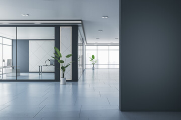 Modern spacious coworking concrete and glass office interior with empty mock up place on wall, equipment, furniture and panoramic window with city view. 3D Rendering.