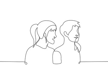 woman and man stand nearby and smile look away - one line art vector. concept of a couple of lovers, siblings of different genders, friendship of a man and a woman