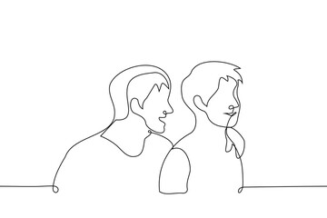 men stand nearby and smile look away - one line art vector. concept of couple of lovers, brothers, male friendship