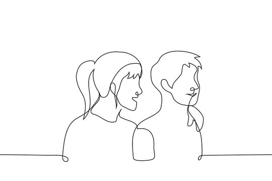 recommend clip art: woman and man stand nearby and smile look away - one line art vector. concept of a couple of lovers, siblings of different genders, friendship of a man and a woman