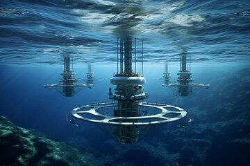 Futuristic power plant in the depths of the ocean. Hydrokinetic installation. Renewable energy source. Ocean energy. - obrazy, fototapety, plakaty