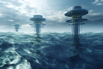 Renewable energy sources. Ocean energy. Futuristic power plants that use the energy of sea currents.