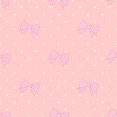Cute seamless bow pattern with white dots as a background in a pastel pink theme.