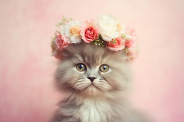 Portrait of Persian cat with flowers on head on pastel background