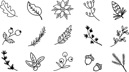 Set of Christmas florals. Festive black outline decorative leaves, flowers and branches. Hand drawn modern vector isolated clipart