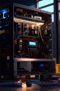 Photo of a complex computer system with numerous wires and connections