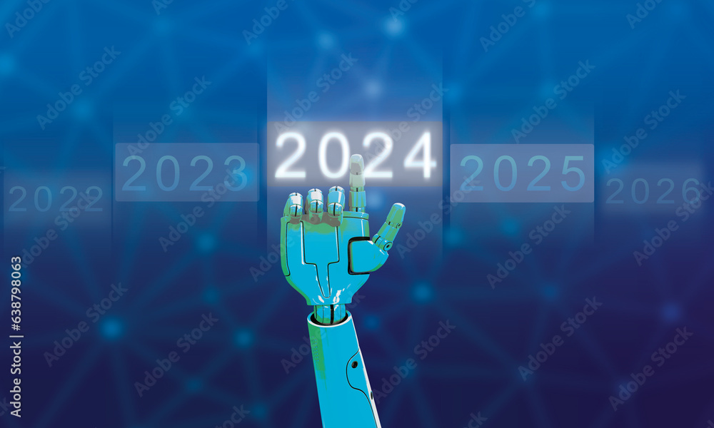 Poster touch screen blue element background robot ai artificial intelligence 2024 happy new year time calen