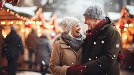Photo sur Plexiglas Vielles portes Happy two elderly people woman, man walking against the backdrop of christmas fair lights holding hands on the street, wearing coats. Design ai