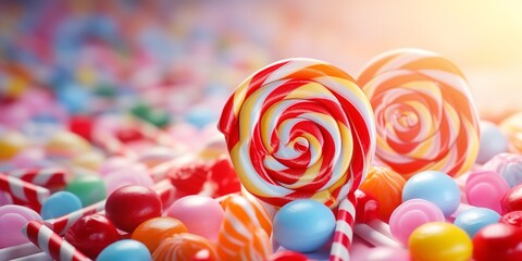 Fototapeta na wymiar A close-up of a candy cane and a lolly against a vibrant dessert backdrop. Generative Ai.