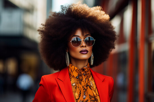 black woman with afro hair wearing jacket and colorful shirt. orange color and flower print. scarf and sunglasses. womanbusiness