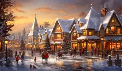 Papier Peint photo Chocolat brun Christmas village with Snow in vintage style. Winter Village Landscape. Christmas Holidays. Christmas Card. digital ai