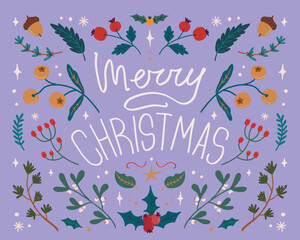 Fototapeta na wymiar Modern Christmas symmetrical ornament card in folk style. Merry Christmas lettering. Hand drawn vector illustration